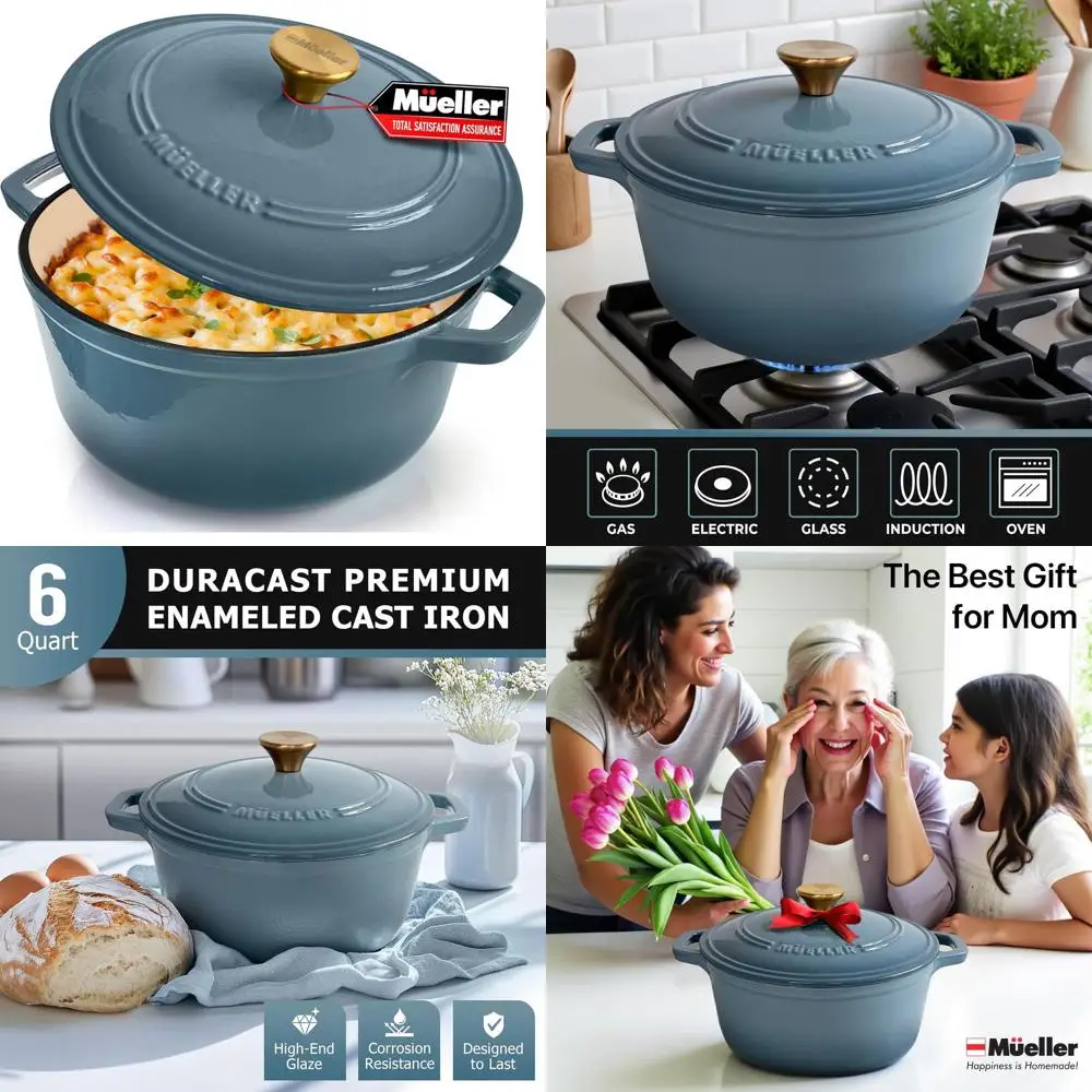 

4.7L Mineral Blue Enamel Cast Iron Dutch Oven, Heavy Duty, Oven Safe to 260°C, Suitable for All Stoves, Includes Lid and Knob