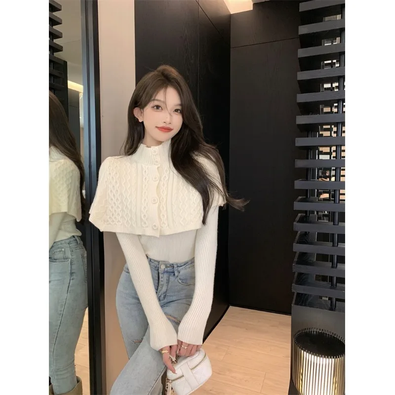 Korean Fashion Cloak Sweater 2 Piece Sets New V-neck Pullover Sweaters Tops O-neck Single-breasted Cardigan Knitted Shawl Suits