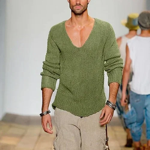 Mens Casual V-Neck Solid Sweater Autumn Winter Fashion Knitted Pullover Tops For Men 2025 Harajuku Long Sleeve Jumper Streetwear