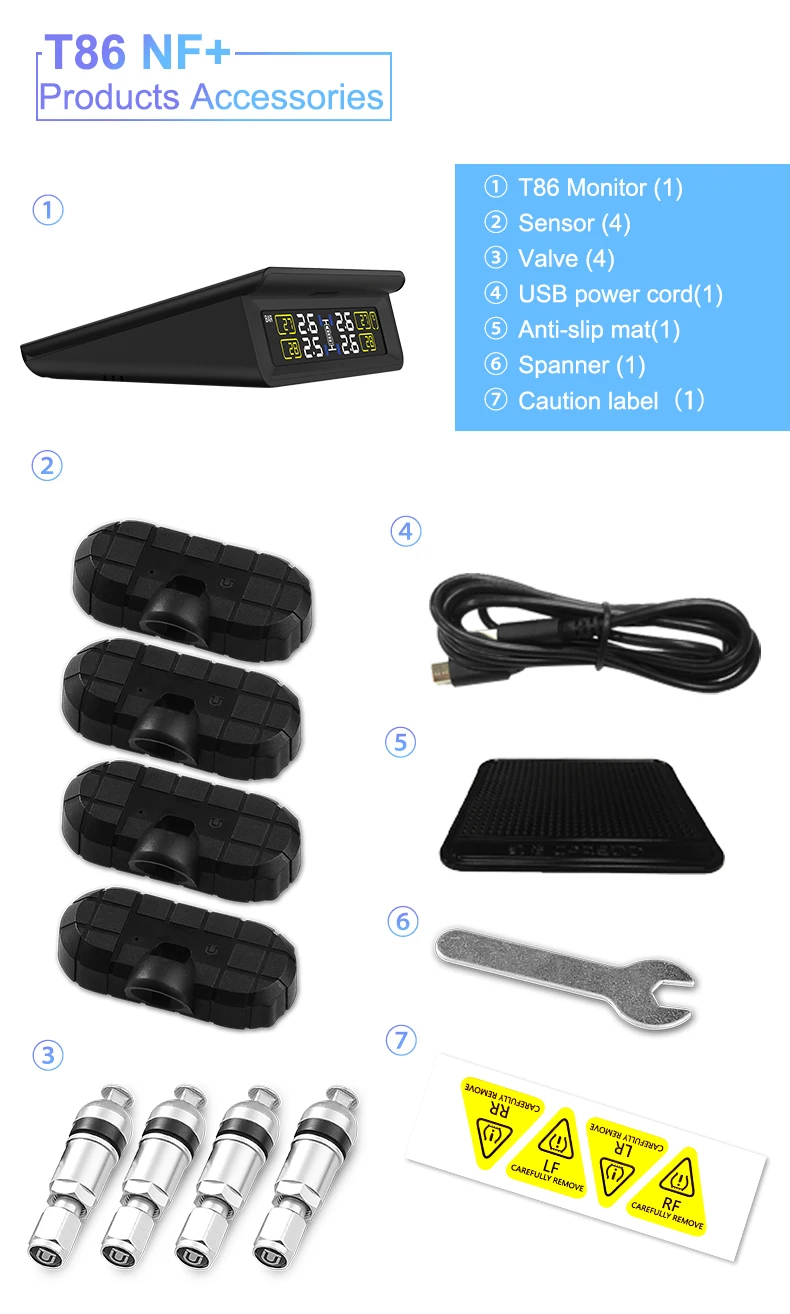 T86 Sensori wireless ad energia solare all'ingrosso Allarmi di monitoraggio della pressione dei pneumatici automobilistici 4 sensori interni TPMS