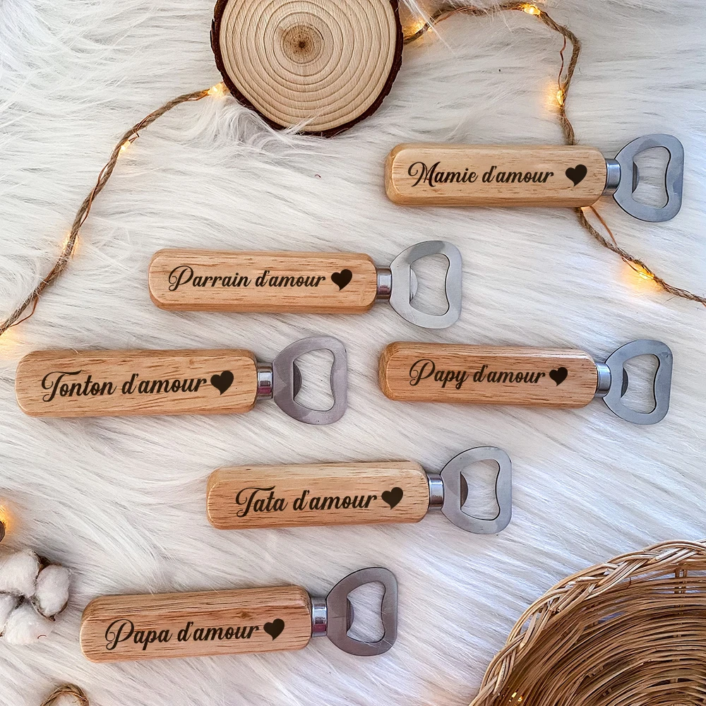 French Printed Wooden Bottle Opener Engraved Grandmother Aunt Godfather Uncle Dad Beer Openers Holiday Birthday Gift for Family