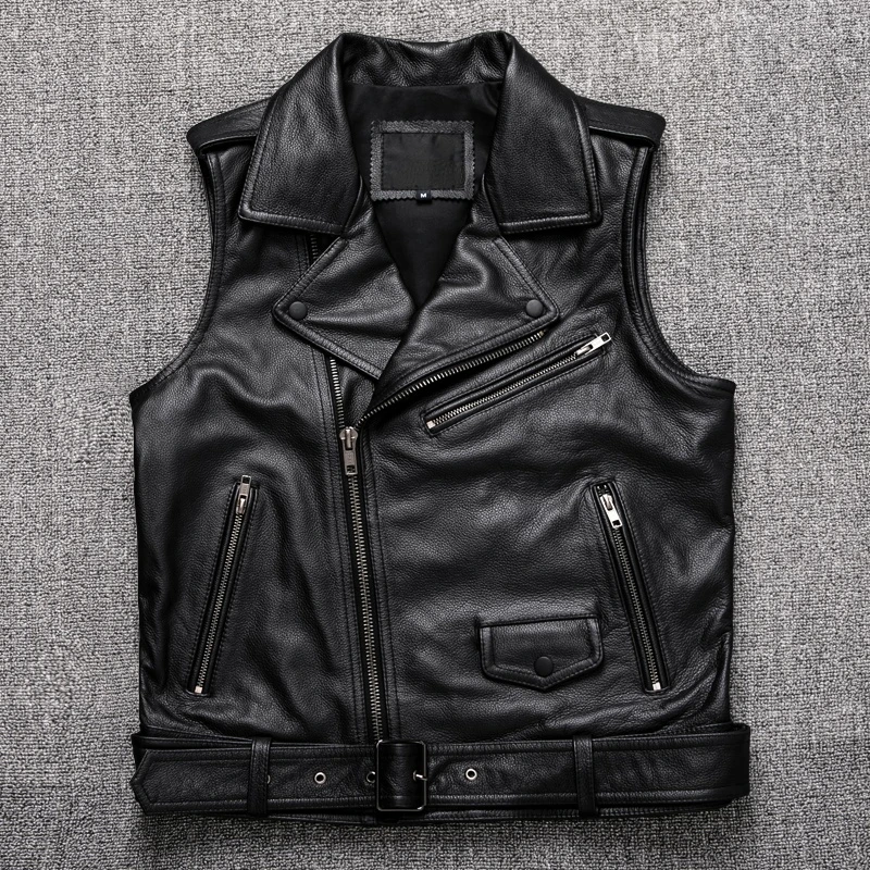 

New Black Motorcycle Biker Leather Vest Men Genuine Leather Oblique zipper Sleeveless Jackets High Quality Cowhide Vests