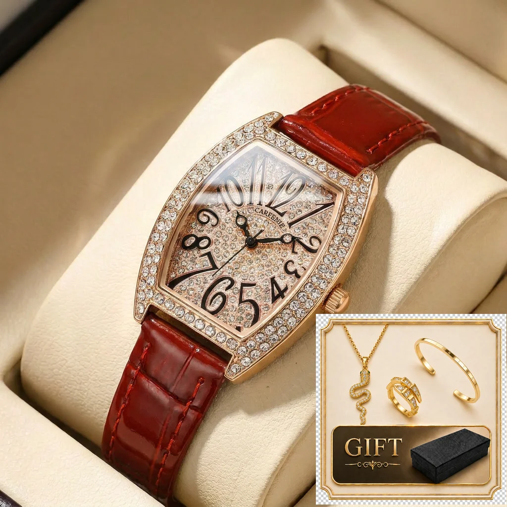 

4pcs gift box set Women's white dial leather strap fashion tonneau fashion details Quartz Watch Gift Box Set for party holiday