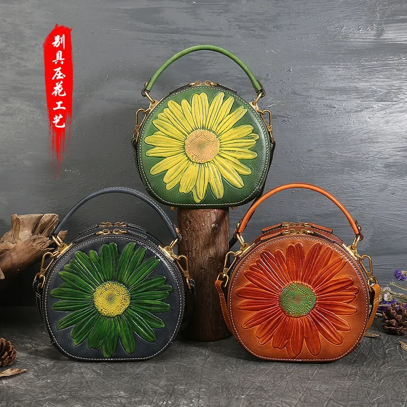 

Womens Unique Embossed Sunflower Cowhide Leather Mini Ladies Top Small Handbags Designer Satchel Shoulder Crossbody Bags