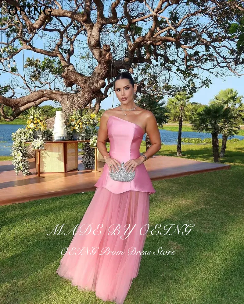 OEING Pink A-Line Princess Prom Dresses Strapless Simple Party Gowns Floor-Length Soft Tulle Mix Colors Dress Customized