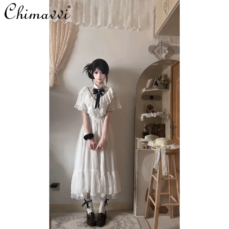 

Japanese Sweet Bow Cape Short-sleeved Lace Dress 2025 Summer New Fashion Elegant High Waist Slim-fit Kawaii Lolita Dresses