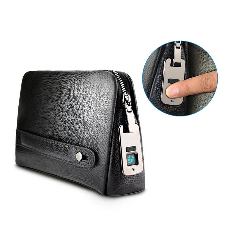 Men Clutch Bag Leather Wallet Men's Handbags Genuine Leather Zipper Money Clutch Bag With Fingerprint Lock