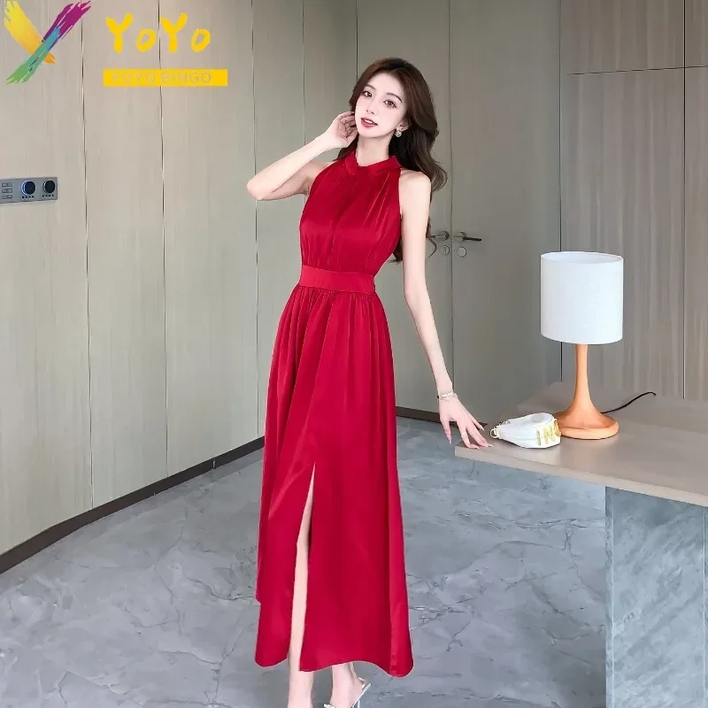 Formal Office O-neck Sleeveless Ankle A-line Lace-up Dress Autumn/Winter 2024 Elegant Temperament Slim Fit Party Luxury Dress