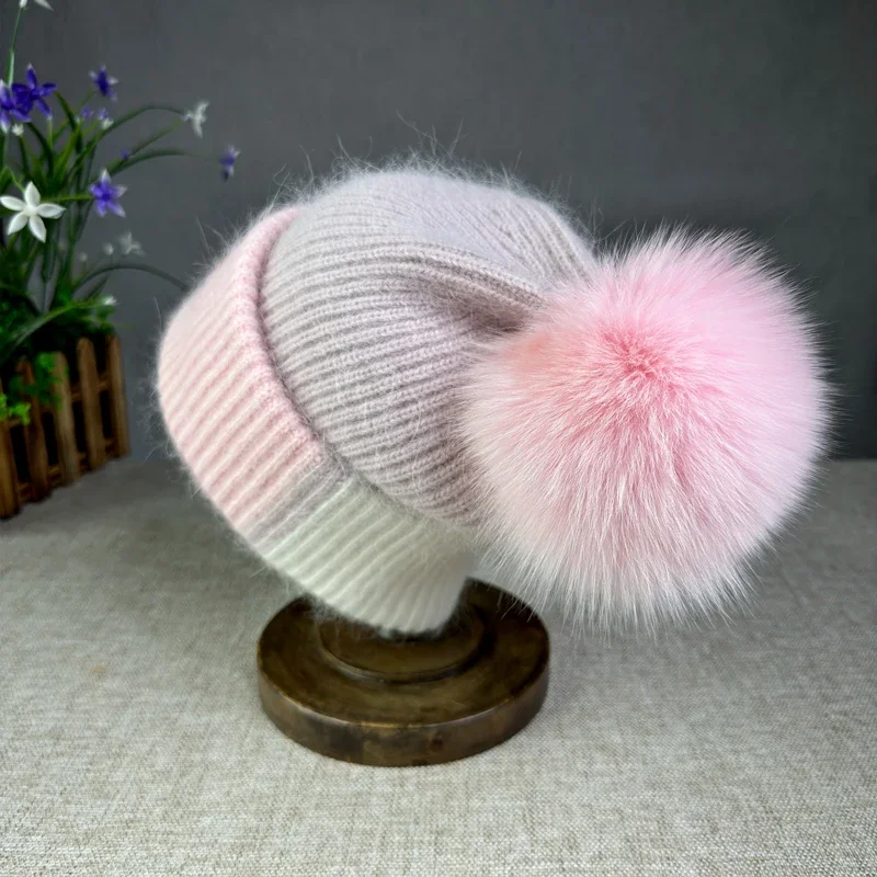 Women's Beanie Hat Autumn Winter Casual Pompom Beanies Hats Real Fox Fur Pompom Skullies Caps For Women