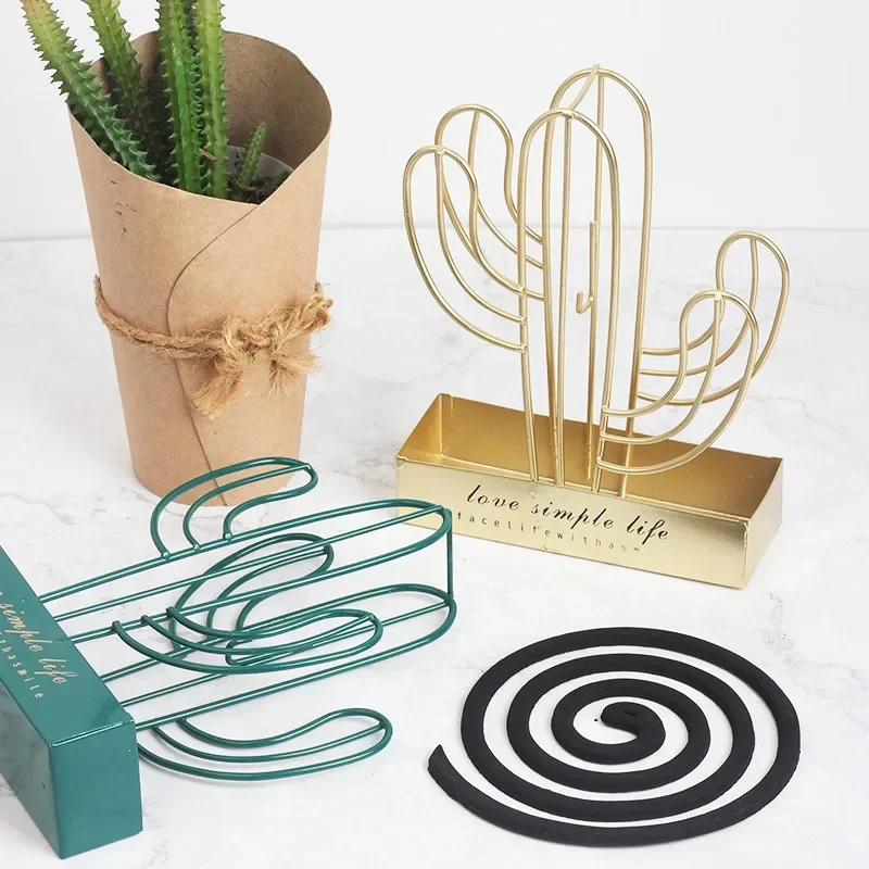 Nordic Gold Cactus Mosquito Coil Holder Summer Days Iron Mosquito Repellent Incense Rack Plate Home Decoration