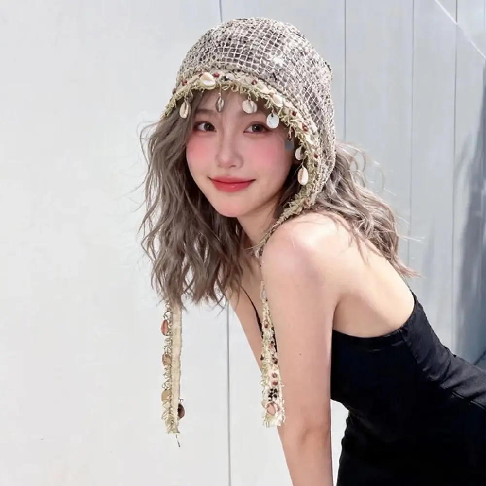 Fashion Hollow Out Mesh Beanie Cap Bohemian Shell Tassel Design Slouchy Hat Breathable Pullover Hat Spring Summer