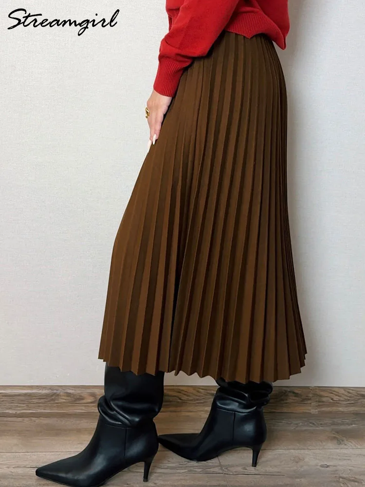 Streamgirl Long Wool Skirt Women Winter Black A Line Pleated Skirts Elastic Waist Vintage Office Warm Skirts For Women Autumn