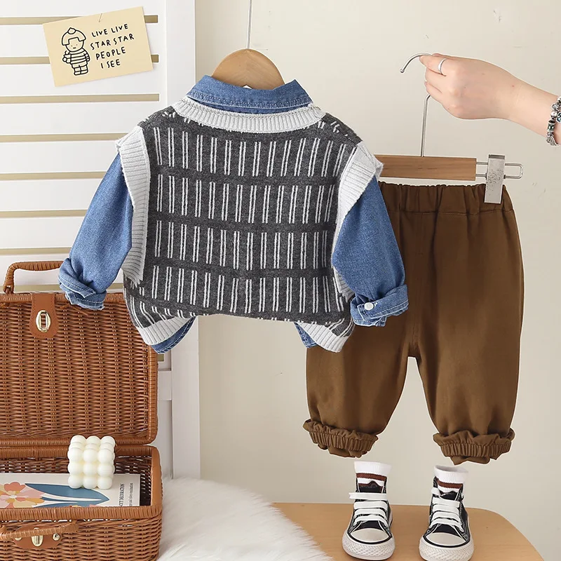 الفتيان الملابس مجموعات ربيع الخريف الأطفال الصوفية جيرسي سترة قمصان الدنيم السراويل 3 قطعة بدلة على الموضة لملابس الطفل الاطفال رياضية