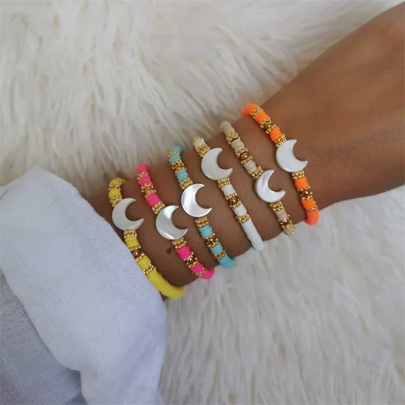 CCGOOD Moon Charm Heishi Beads Bracelet Boho Beach Jewelry Polymer Clay Stackable Spiritual Gift for Women Everyday Wear