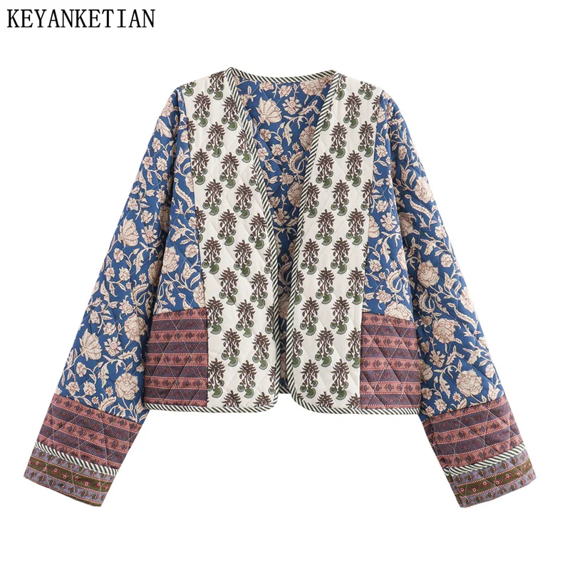 

KEYANKETIAN 2024 Autumn/Winter New Women's Double-Sided Print Quilted Outwear Jacket Ethnic style V-Neck Short Outerwear Top