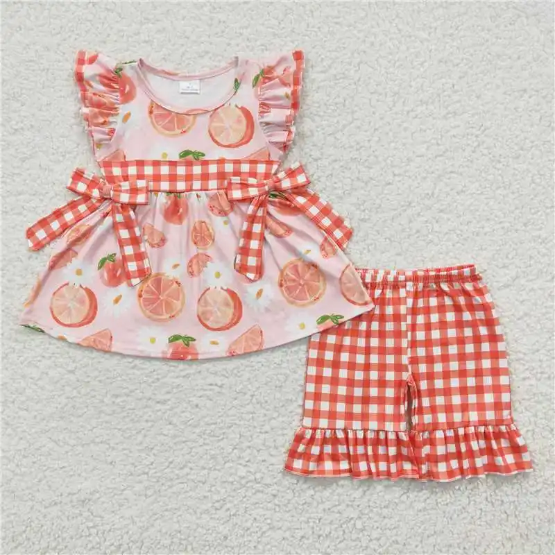 

GSSO0239 Wholesale New Arrival baby girl clothes Orange Bow Fly-Sleeve Shorts Set Summer boutique kids clothes girl sets