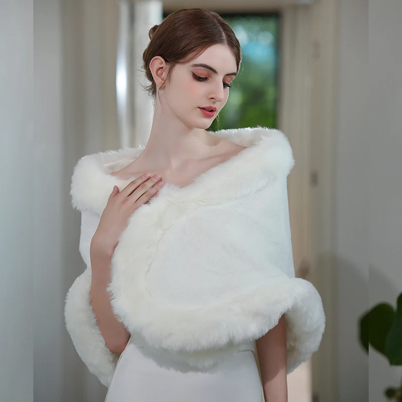 Wedding Bride Dress Accessories White Artificial Fur Shawl for Women Elegance