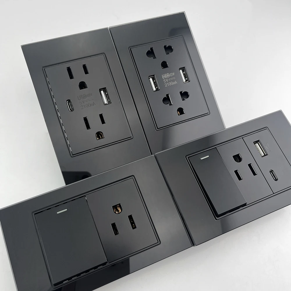 US Standard Black Tempered Glass Type-c Quick Charger Wall Socket Electrical Light Switch,American Thai Dual USB Power Outlet image 2
