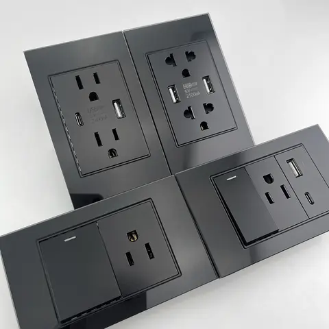 US Standard Black Tempered Glass Type-c Quick Charger Wall Socket Electrical Light Switch,American Thai Dual USB Power Outlet