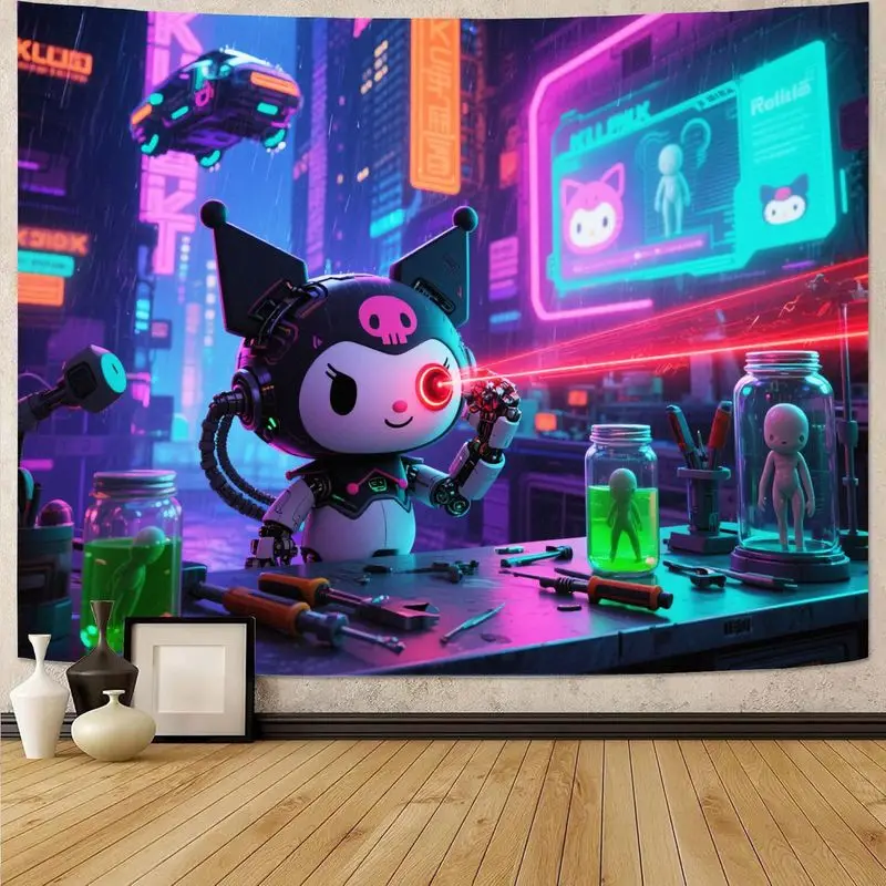 

1PC Cyberpunk Robot Kuromi Tapestry, Neon Sci-Fi Lab Wall Art, Modern Room Decor Gift for Gamers & Kuromi Fans
