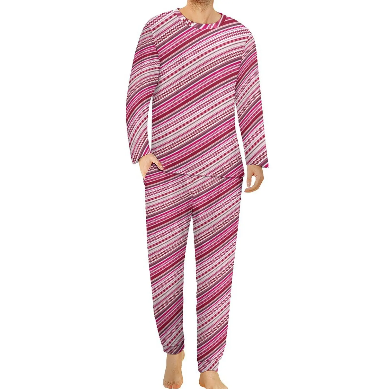 Pink Dots And Stripes Pajamas Man Funky Shades Print Nightwear Spring Long Sleeves 2 Pieces Aesthetic Pajama Sets Large Size