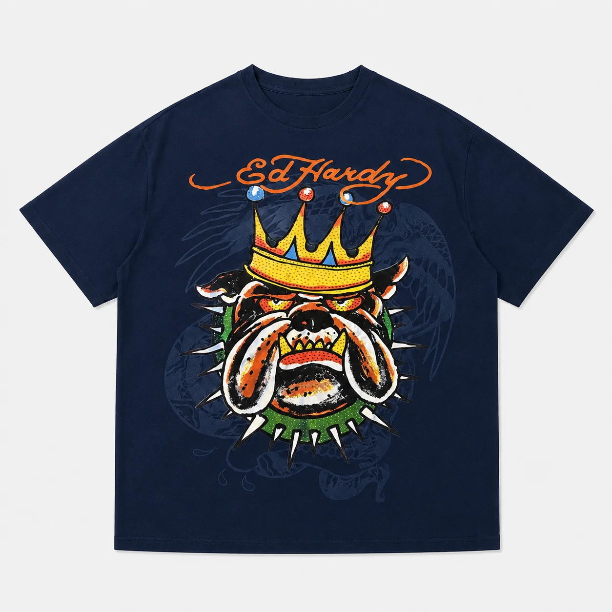 Ed Hardy T-Shirt mit gekrönter Bulldogge, Stachelkragen, Drachensilhouette, Old-School-Tattoo, Retro-Street-Grafik, Unisex, Oversized, Baumwolle – Detail 6