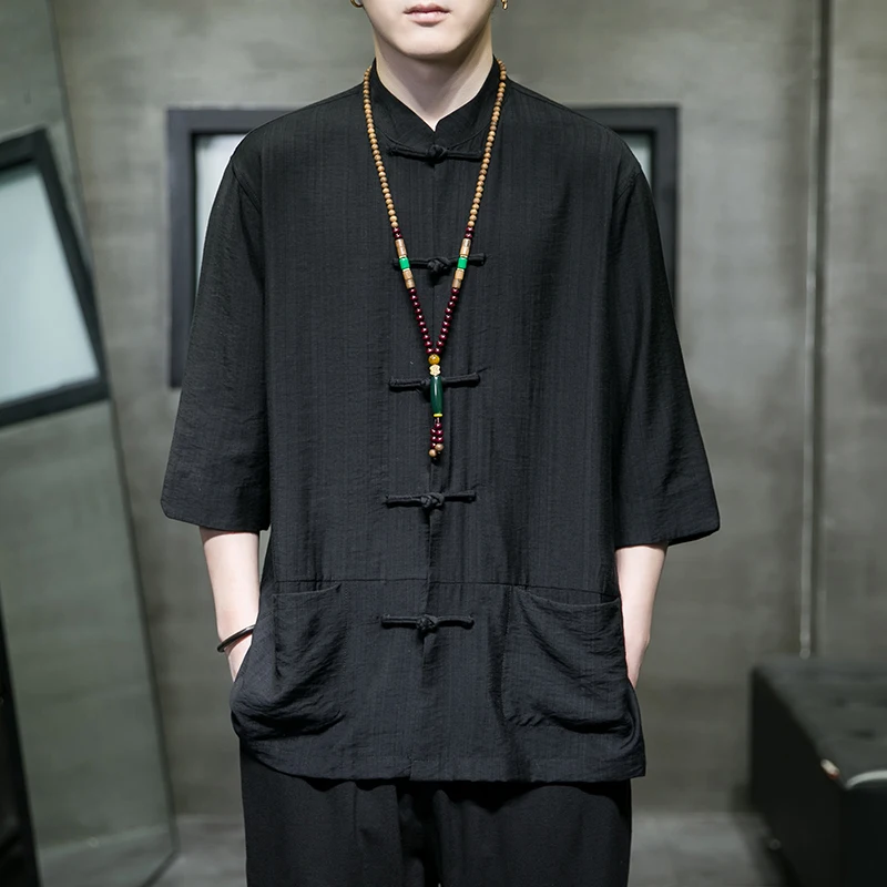 

Loose Fit Ice Silk Men's irt Seven-Quarter Sve Drapey ort Sve Summer Casual Chinese Sle Button down Tang Costume