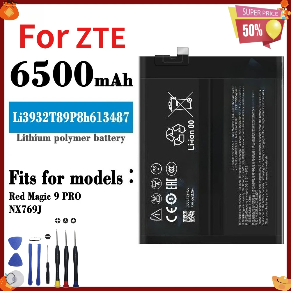 6500mAh Capacity  Premium Quality for ZTE Li3932T89P8h613487 Red Magic 9 Pro NX769J Replacement Battery with Disassembly Tools