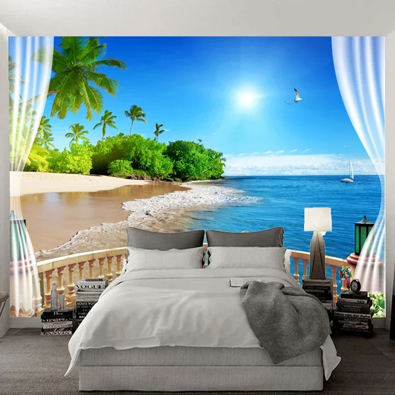 Custom 3D Wall Wallpaper Painting Balcony Window Sea View Large Mural Beach Landscape Living Room Bedroom Papel De Parede Tapety