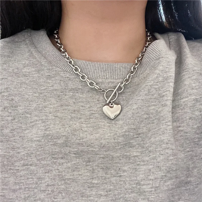 Punk Stainless Steel Long Thick Chain Toggle Heart Pendant Necklace For Women Men Goth Choker Necklaces 2024 Trend Neck Jewelry