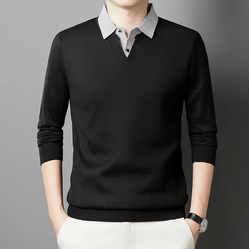 

Новый мужской осенне-зимний искусственный свитер из двух частей, базовый топ с вафельным узором, воротник деловой рубашки, футболка с длинными рукавами для мужчин