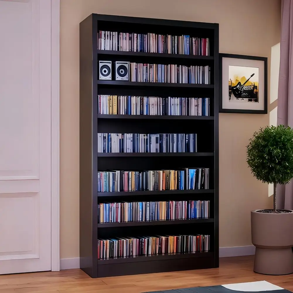 

6-Shelf Metal CD/DVD Storage Cabinet, Adjustable Rack for Media, Ideal for Home Entertainment (Black)