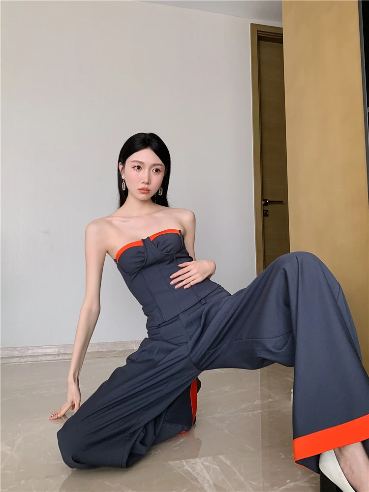 CHEERART Summer 2 Piece Sets Women Outfit 2023 Grey Tube Top And Wide Leg Pants Runway High Fashion Designer Clothes