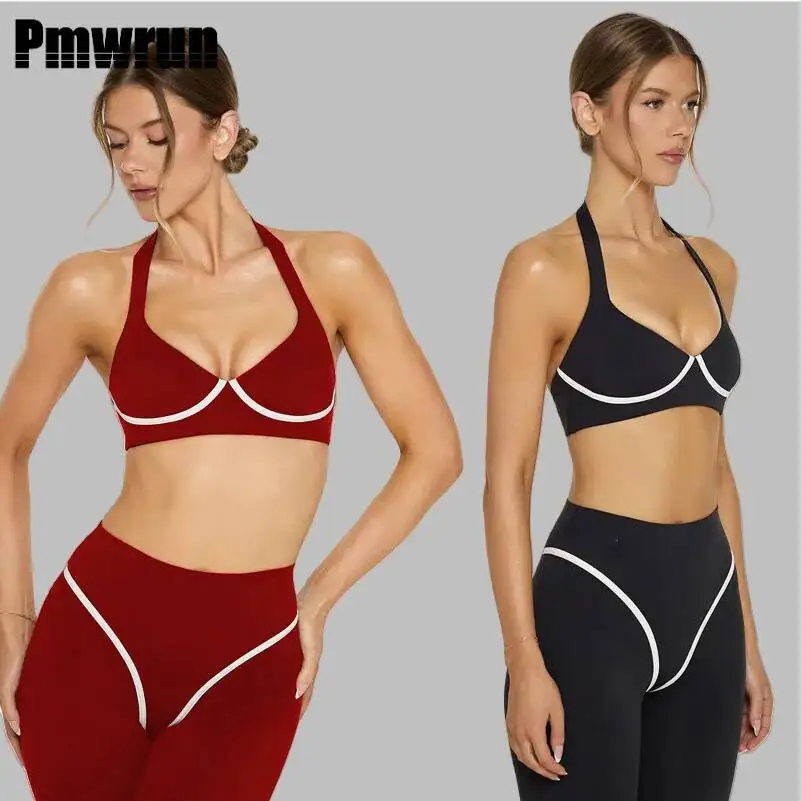 

PMWRUN женский комплект для йоги с бюстгальтером с бретелькой на шее, леггинсы с контрастной отделкой, эластичные дышащие леггинсы для занятий йогой и тренировок в тренажерном зале