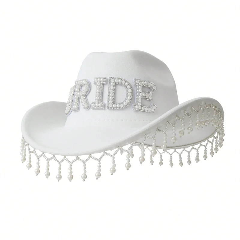 Imitation pearl fringe cowboy hat Sparkle bride wedding hat White role play jazz top hat stage show Mardi Gras lady