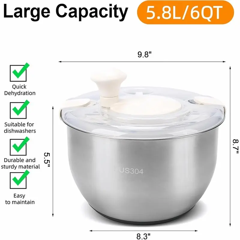 N96R Drainage Basket Included Stainless Steel Salad Spinner 6L-Large Capacity For Efficient Vegetable& Fruit Washing Spin