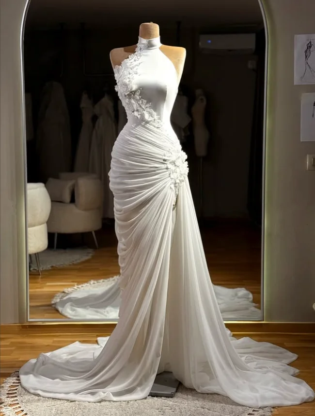 

High Neck Garden Long Wedding Dresses Floral Ruched High Slit Beach Church Bridal Gown Outfit Garment Customized