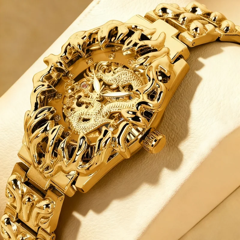 A men's elegant yellow style fashionable carved dragon pattern fully automatic mechanical watch