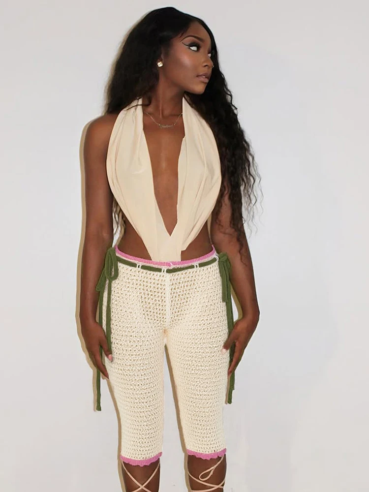 Macheda Kontrast Patchwork Shorts Frauen Häkeln Hohl Raffen Verband Hohe Taille Dünne Stretch Wrap Hüfte Sexy Mode Böden