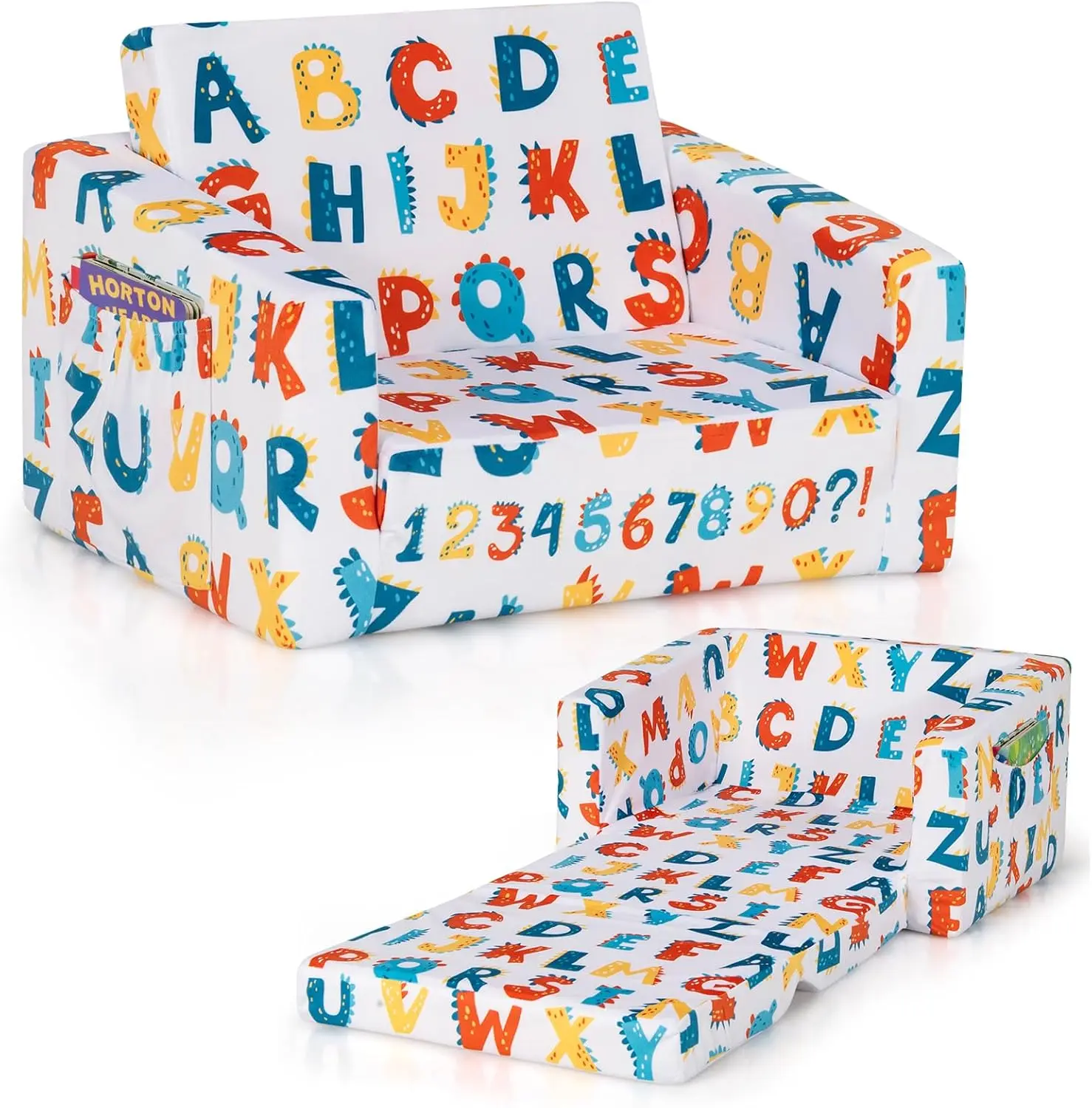 

Kids Sofa, 2-In-1 Convertible Sofa To Lounger For Children With Side Storage Pocket, Flip Open Couch & Sleeper With Cut