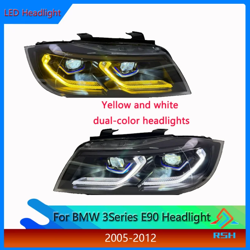 For BMW 3 Series E90 Headlight Assembly 2005-2012 Models Modified Yellow And White Dual-Color With New LED Projector Lenses DRL