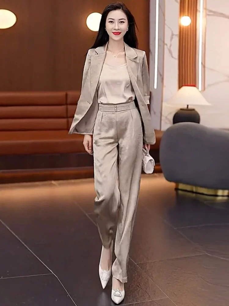 Ladies Trouser Office Professional Summer 2024 Suits Ice Silk Wear To Work Women\'s Blazer and Pants Two Piece Set Korea Stylish