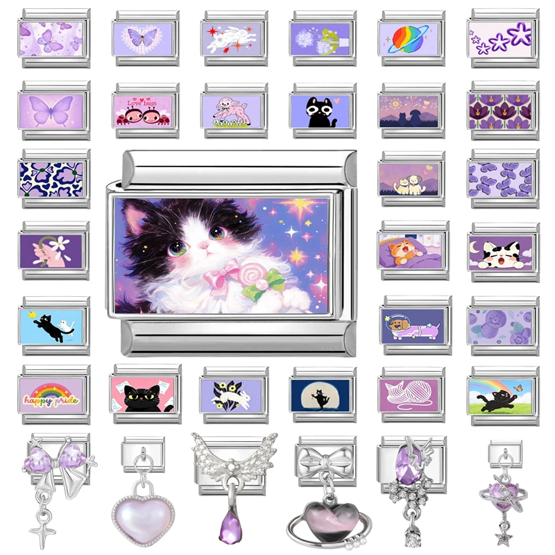 Super Cute Ragdoll Cat‌  Purple Background Italian Charms Fit 9mm Stainless Steel Women Men Bracelet DIYMaking Jewelry Wholesale