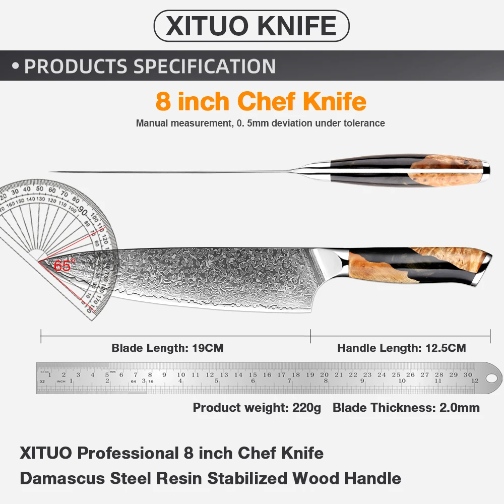 8 Inch Japanese Damascus Chef Knife 67 Layers VG-10 Steel Gyuto Kiritsuke Sharp Kitchen Meat Cooking Knife