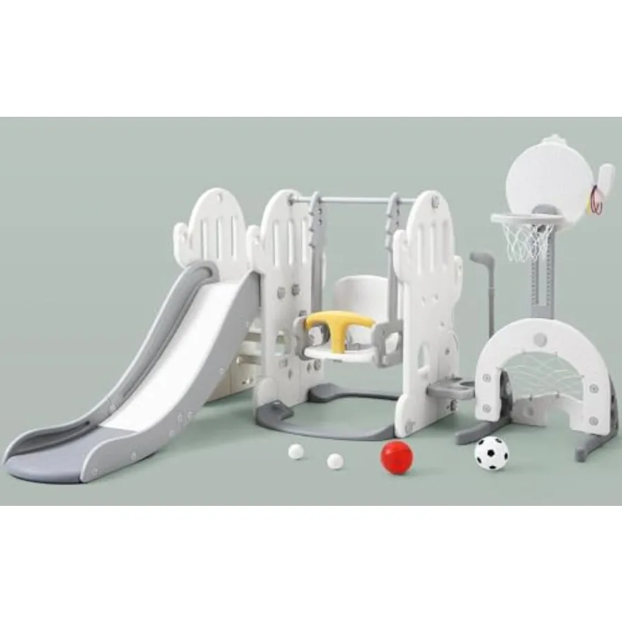 

Детский игровой комплекс 7 в 1: горка и качели для малышей 1-3 лет, для дома и улицы, с регулируемыми качелями, баскетбольным кольцом и футбольным воротами