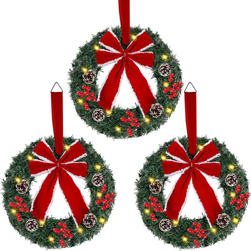 3 luminous artificial Christmas wreaths with LED lights and large red bow decorations for Merry Christmas, 35X35cm