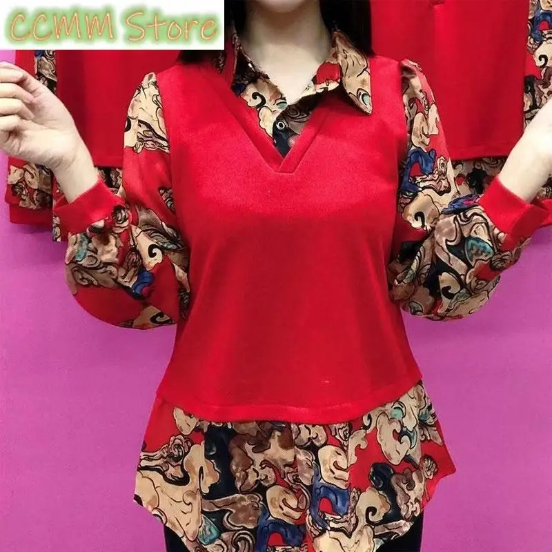 

Fake Two Pieces Vintage Printed Spliced Shirt Commute Female Clothing Turn-down Collar Spring Autumn Casual Long Sleeve Blouse