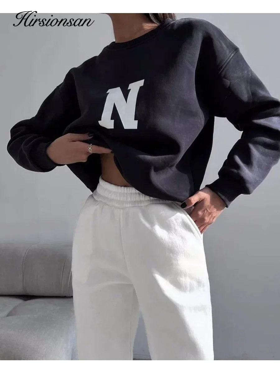 히르시온산 O넥 플리스 'N' 레터 인스 스웨트셔츠 여성용 2025 가을 신상품
