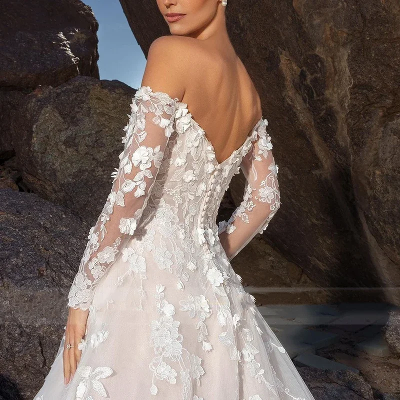 Flavinke カスタマイズされた V ネックのウェディングドレス オーガンザ A ライン フロアレングス ボールガウン フルスリーブ ブライダル ボタン ローブ デ マリー