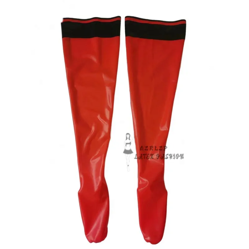 Red And Black Trims On Top Sexy Long Latex Rubber Thigh High Stockings